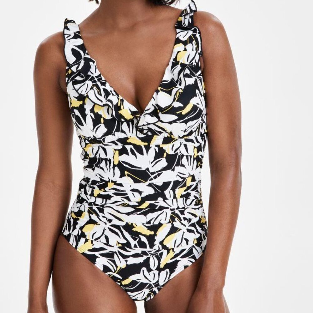 DKNY Womens Ruffle Neck One-Piece Fluro Yellow Multi Smudged Ab S